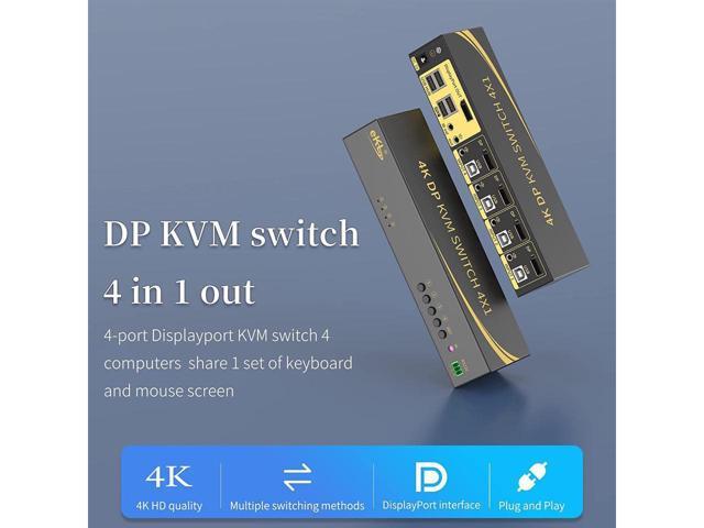 eKL KVM Switch Displayport 4 Port DP 1.2 4x1 Supports 4K@60Hz 4:4:4 hotkey Switching Keyboard Mouse Audio with USB 2.0 Control up to 4 PCs