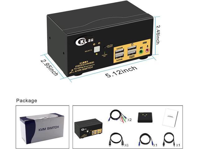 CKLau Dual Port Triple Monitor KVM Switch Displayport with Audio Output, USB 2.0 Hub and Cables Support Extended Display Resolution Up to...