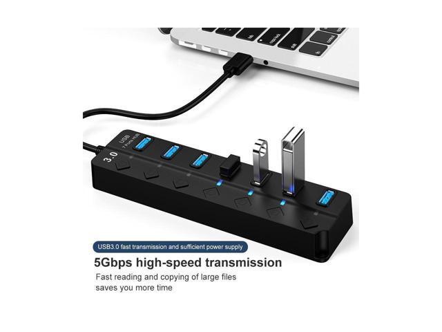USB 3.0 Hub, DEFEILIN 7 Port Powered USB Hub Expander Aluminum USB 3.0 Data Port hub with Universal 5V AC Adapter and Individual On/Off Switches...
