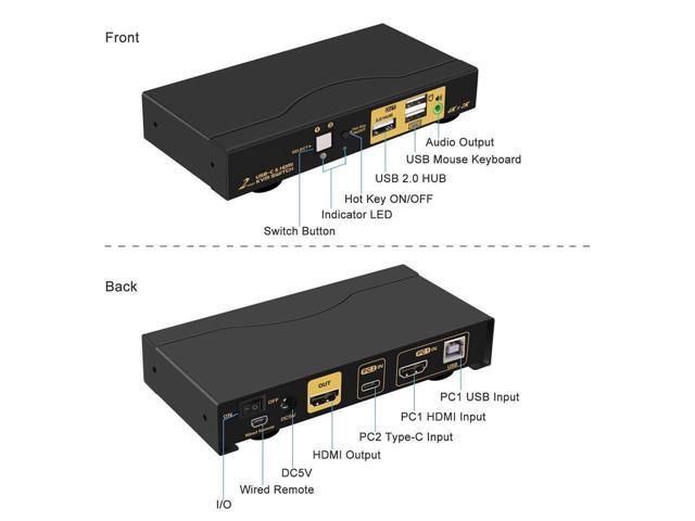 4K@60Hz 2 Port KVM HDMI + USB-C with Audio and Cables, HDMI KVM Switch USB C for 2 Mac/Computers/Mobile Phone Sharing Monitor Keyboard Mouse