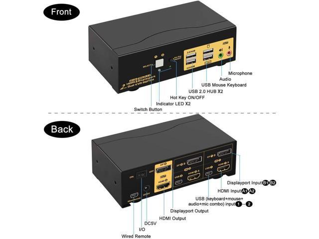 2 Port Dual Monitor KVM Switch HDMI + DisplayPort 4K 60Hz, 2x2 PC Monitor Keyboard Mouse Selector with Audio and 2 USB 2.0 HUB