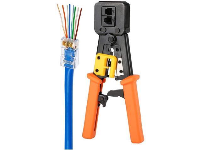 RJ45 Crimp Tool Pass Through Cat5 Cat5e Cat6 Crimping Tool for RJ45/RJ12 Regular and End-Pass-Through CAT5e Connectors with 50PCS Connectors, 50PCS...