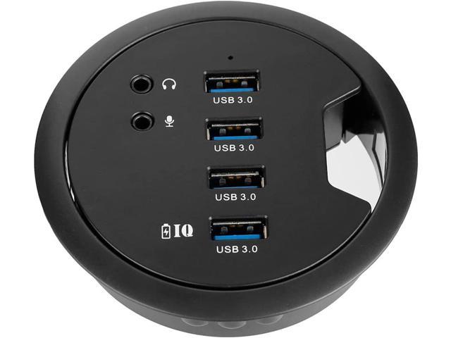 Desk-Fit (Diameter 3.14' or 80MM) 4 Port USB 3.0 Hub with 3.5mm Audio Mic Phone Jack/BC 1.2 USB Charger, 5V/2A Power Adapter for iPhone/Smart.
