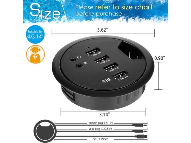 Desk-Fit (Diameter 3.14' or 80MM) 4 Port USB 3.0 Hub with 3.5mm Audio Mic Phone Jack/BC 1.2 USB Charger, 5V/2A Power Adapter for iPhone/Smart...