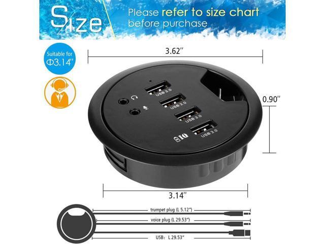 WDX Desk-Fit (Diameter 3.14' or 80MM) 4 Port USB 3.0 Hub with 3.5mm Audio Mic Phone Jack/BC 1.2 USB Charger, 5V/2A Power Adapter for iPhone/Smart...