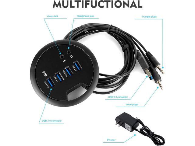 WDX Desk-Fit (Diameter 3.14' or 80MM) 4 Port USB 3.0 Hub with 3.5mm Audio Mic Phone Jack/BC 1.2 USB Charger, 5V/2A Power Adapter for iPhone/Smart...