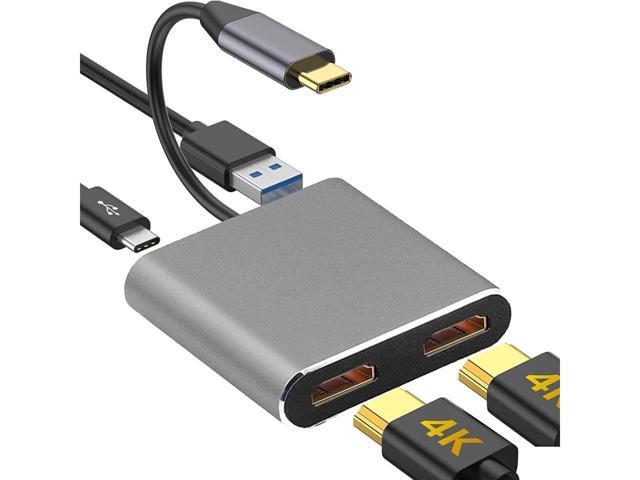 4 in 1 Hub Type C to Dual HDMI-Compatible USB Hub 3.0 Port, USB C to Dual HDMI-Compatible Adapter 4K Compatible with MAC OS, Windows, Android, Linux