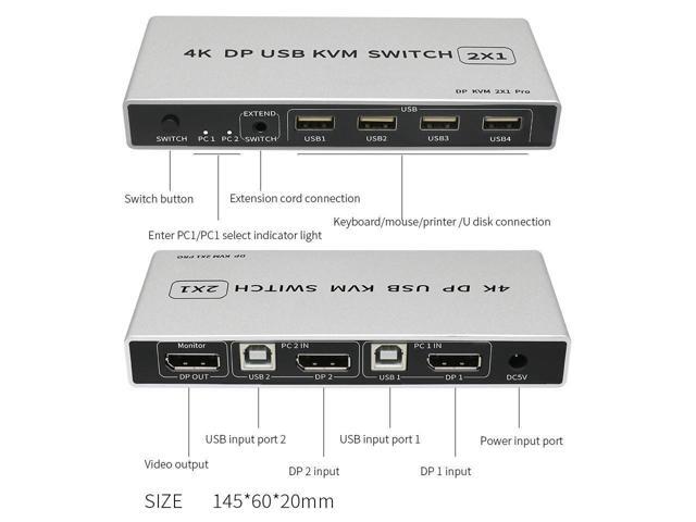 2 Ports Displayport KVM Switch Displayport USB Displayport KVM 144Hz DP Switcher 4KX2K/60Hz 2K/144Hz Displayport 2 in 1 out Displayport USB KVM...
