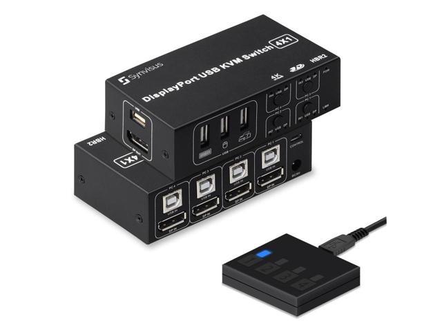4 Port DisplayPort KVM Switch 3D UHD 4K@60Hz 4 In 1 Out USB and DP KVM Switcher For 4 PCs Share Keyboard Mouse Monitor and USB 2.0 Devices, With 4.
