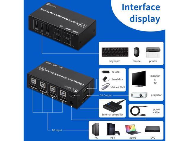 4 Port DisplayPort KVM Switch 3D UHD 4K@60Hz 4 In 1 Out USB and DP KVM Switcher For 4 PCs Share Keyboard Mouse Monitor and USB 2.0 Devices, With 4...