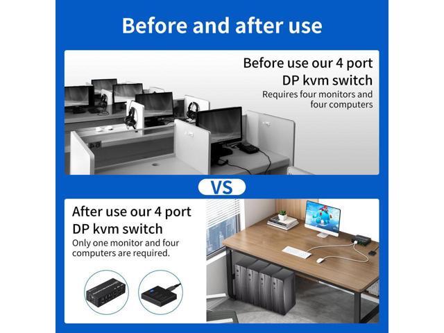 4 Port DisplayPort KVM Switch 3D UHD 4K@60Hz 4 In 1 Out USB and DP KVM Switcher For 4 PCs Share Keyboard Mouse Monitor and USB 2.0 Devices, With 4...