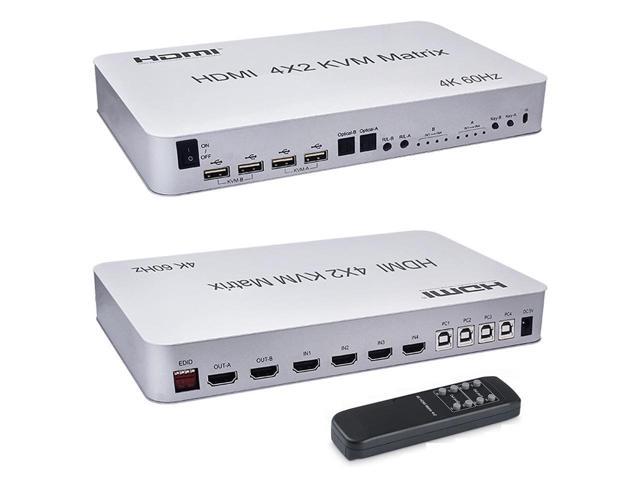 4 Port USB HDMI KVM Matrix 4x2 Dual Monitor 4K @60Hz HDR Switch Splitter 4 in 2 Out HDMI 2.0 Switcher for USB 2.0 Keyboard Mouse PC with Dual.