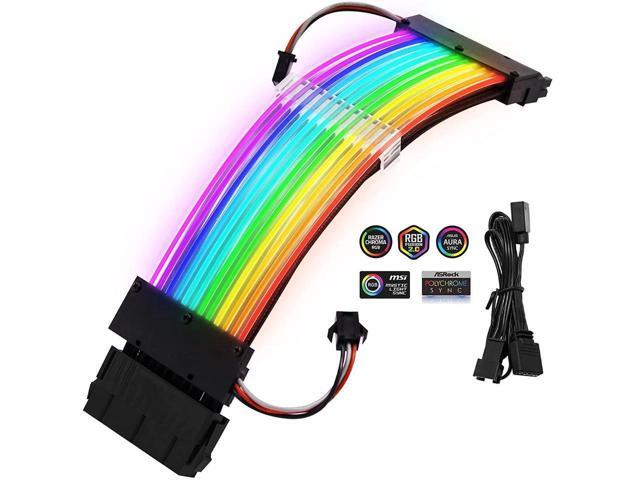 Pccooler Power Supply Sleeved Cable, Customization 24 Pin Atx Rgb Cable Extension Kit 16Awg, 5V 3Pin Synchronized Psu Cable For Rgb Software From...