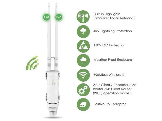 2.4G 300Mbps High Power Wi-Fi Outdoor CPE/Access Point/Repeater/Range Extender With 1000mW Omni-directional Antennas, Passive PoE, 15KV ESD, 4KV...