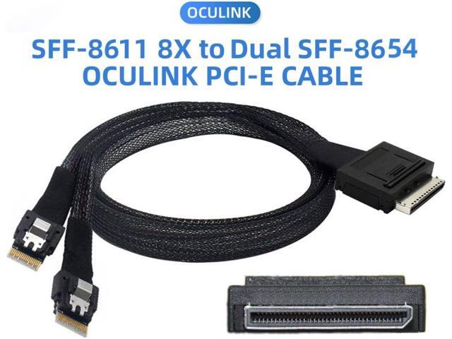 SFF-8611 to SFF-8654 Cable,OCuLink PCIe PCI-Express SFF-8611 8X 8-Lane to 2 SFF-8654 Slimline 4X SSD Data Active Cable 50cm