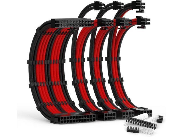 PSU Cable Extension Kit 30CM Length with Cable Combs 1x24Pin/1x8Pin(4+4) EPS/2x8Pin(6P+2P) PCI-E/PC Sleeved Cable for ATX Power Supply(Black & Red)