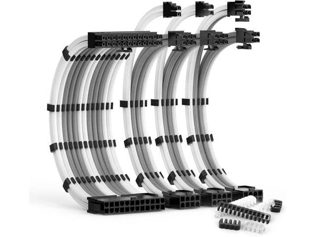 PSU Cable Extension Kit 30CM Length with Cable Combs 1x24Pin/1x8Pin(4+4) EPS/2x8Pin(6P+2P) PCI-E/PC Sleeved Cable for ATX Power Supply(White & Grey)