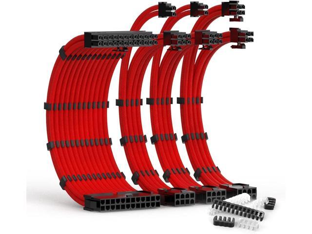 PSU Cable Extension Kit 30CM Length with Cable Combs 1x24Pin/1x8Pin(4+4) EPS/2x8Pin(6P+2P) PCI-E/PC Sleeved Cable for ATX Power Supply(Red)