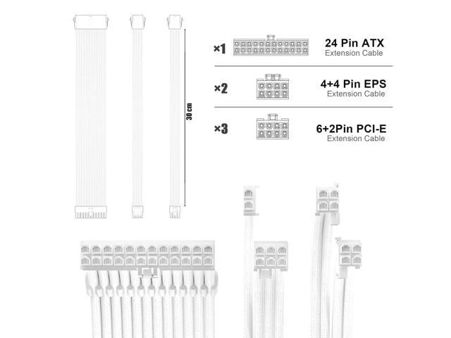 PSU Cable Extension Kit 30CM Length with Combs,1x24Pin/2x8Pin(4+4) EPS/3x8Pin(6P+2P) PCI-E/PC Sleeved for ATX Power Supply,White, All-White