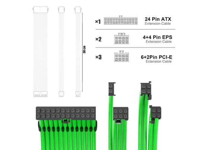 PSU Cable Extension Kit 30CM Length with Combs,1x24Pin/2x8Pin(4+4) EPS/3x8Pin(6P+2P) PCI-E/PC Sleeved for ATX Power Supply,(Green)