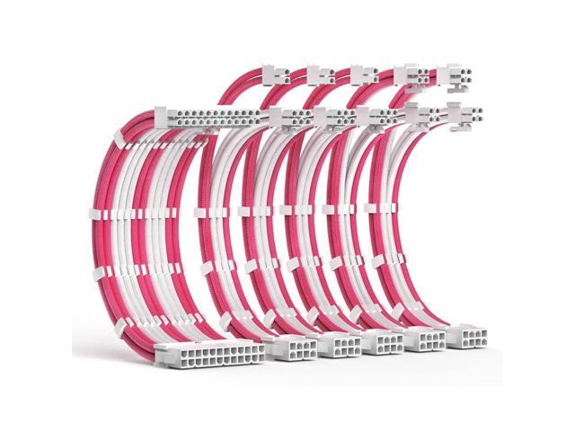 PSU Cable Extension Kit 30CM Length with Combs,1x24Pin/2x8Pin(4+4) EPS/3x8Pin(6P+2P) PCI-E/PC Sleeved for ATX Power Supply,(White & Pink)