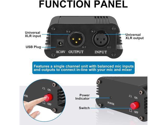 BUCIER 1Channel 48V Phantom Power Supply with Adapter BONUS+XLR 3 Pin Microphone Cable for Any Condenser Microphone Music Recording Equipment