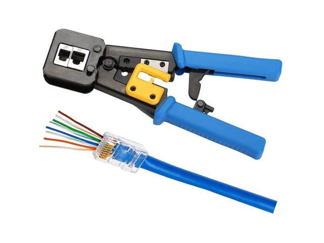 BUCIER RJ45 Crimp Tool Pass Through Cat5 Cat5e Cat6 Crimping Tool for RJ45/RJ12 Regular and End-Pass-Through Connectors with 50PCS CAT5 CAT5e...
