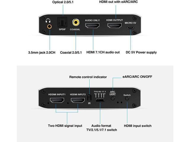 BUCIER 4K@60Hz eARC HDMI Swtich Audio Extractor, NEWCARE 2x1 HDMI Audio Converter with Remote Control, 7.1CH Atmos/ eARC/ARC/ Optical Toslink...