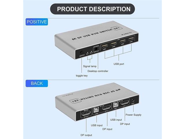 BUCIER 8K DisplayPort KVM Switch 2 Port USB and DP Switch for 2 Computers Share Keyboard Mouse Printer Monitor for Laptop,PC,Xbox HDTV