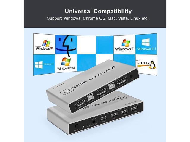 BUCIER 8K DisplayPort KVM Switch 2 Port USB and DP Switch for 2 Computers Share Keyboard Mouse Printer Monitor for Laptop,PC,Xbox HDTV