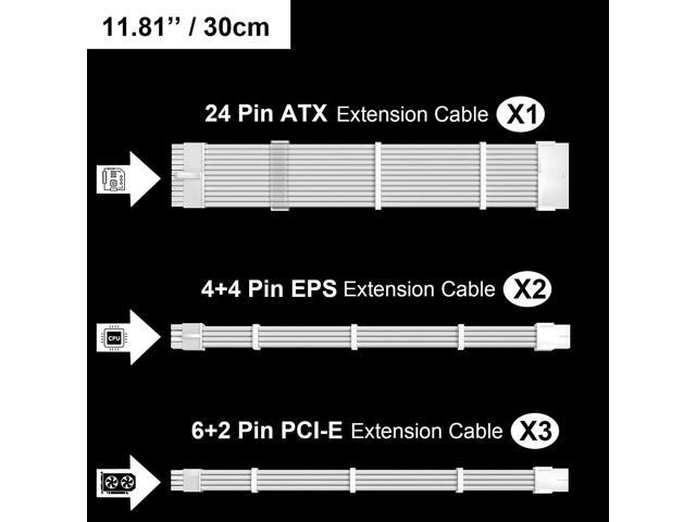 BUCIER White PSU Extension Cable Kit,Custom Sleeved Power Supply Cable Mod for PC Build 18AWG 24Pin ATX /8 (4+4) Pin EPS CPU Cable /8 (6+2) Pin...