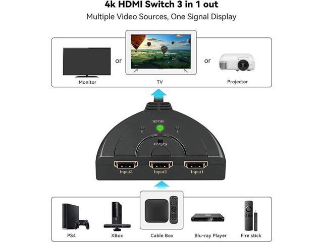 BUCIER HDMI Switch, 4K HDMI Splitter 3 in 1 Out, 3-Port HDMI Switcher Selector with Pigtail HDMI Cable,Supports Full HD 4K 1080P 3D Player, HDMI...