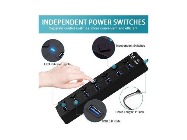 BUCIER Powered USB Hub, 7 Port USB 3.0 Data Hub Splitter with 5V DC Power Adapter and Independent On/Off Switch USB Port Hub Expander for MacBook...