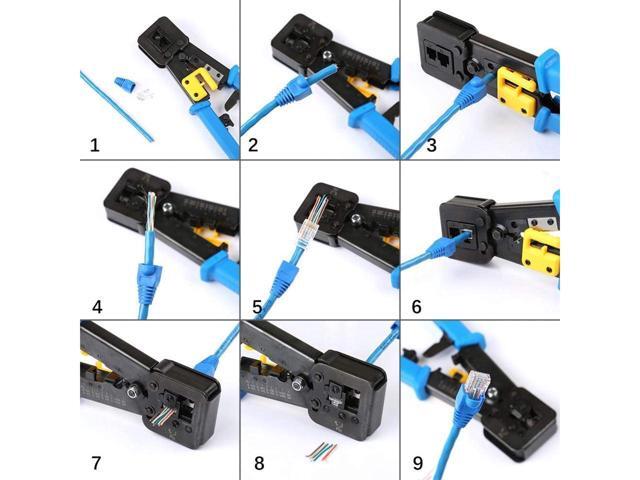BUCIER RJ45 Crimp Tool Pass Through Cat5 Cat5e Cat6 Crimping Tool for RJ45/RJ12 Regular and End-Pass-Through connectors (Blue)