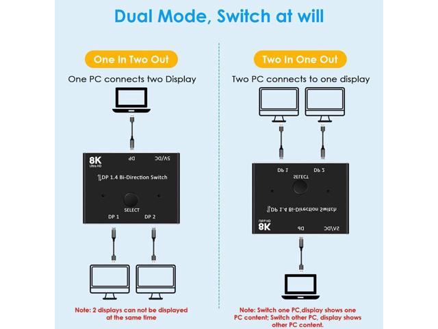 BUCIER 8K Displayport Splitter Switcher,ESTONE 8K@60Hz DP 1.4 Switcher, Two-Way DP Switch Selector Box 2x1 or 1x2, 4K@120Hz Manual Display Port...