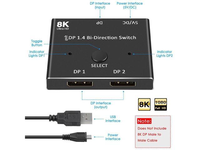 BUCIER 8K Displayport Splitter Switcher,ESTONE 8K@60Hz DP 1.4 Switcher, Two-Way DP Switch Selector Box 2x1 or 1x2, 4K@120Hz Manual Display Port...