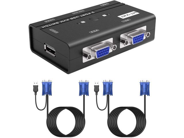 BUCIER USB VGA KVM Switch 2 Ports w/Cables & 3 USB Hubs, 260KL 1080P KVM Switches Two Computers Share 1 Set of Monitor Keyboard Mouse Printer/U Disk