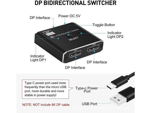 BUCIER 8K DP Switch Bidirectional Displayport 1.4 Switcher Displayport Splitter Convertor for Monitor Projector TV PC Laptop