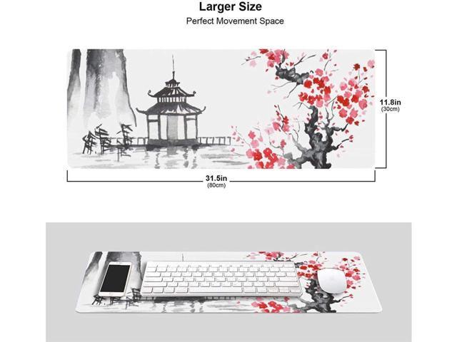 BUCIER Black and White Sumi-E Painting Cherry Blossom Temple Art Gaming Mouse Pad XL Extended Large Mouse Mat Desk Pad Stitched Edges Mousepad Long...