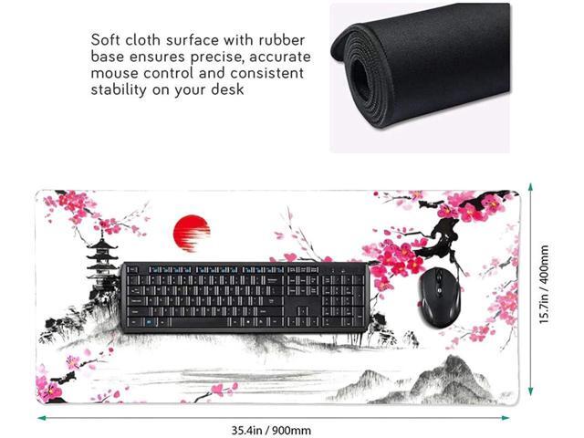 BUCIER Watercolor Sakura Mouse Pad 35.4 X 15.7 Inch Hills Cherry Blossom Extended Large Pink Mouse Mat Non-Slip Rubber Base Mousepad with Stitched...