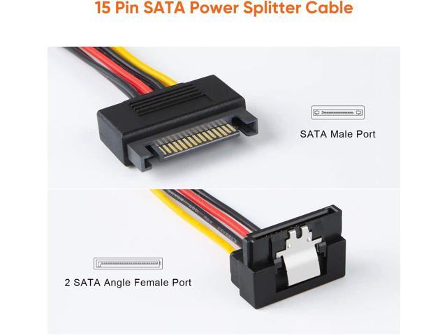 BUCIER SATA Power Cable, 2-Pack 8-Inch SATA 15 Pin Male to 2XSATA 15 Pin Down Angle Female Power Splitter Cable