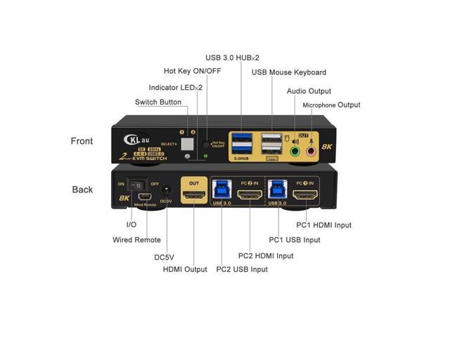 BUCIER 2 Port 8K60Hz 4K144Hz HDMI KVM Switch with Cables, Audio, Microphone, and 2 pcs USB 3.0 Peripheral Hub for Keyboard Mouse 2 Computers...