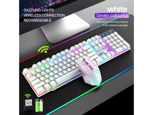 BUCIER Wireless gaming keyboard and mouse combination, with rainbow LED backlight, rechargeable waterproof mechanical dustproof 7-color backlight,...