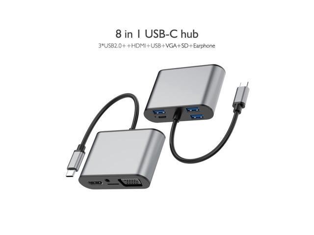 BUCIER 8 in 1 USB-C / Type-C to 3 USB 3.0 + USB-C / Type-C + HDMI + VGA Interfaces HUB Adapter with Micro SD Card Slot & 3.5mm AUX