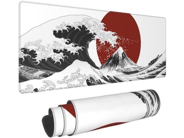 BUCIER Black White Wave Gaming Mouse Pad XL Red Sun Sea Extended Large Desk Cover Big Table Mat Non-Slip Rubber Base Stitched Edge Long Keyboard...