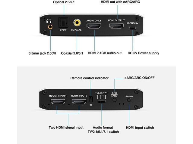 BUCIER 4K@60Hz eARC HDMI Swtich Audio Extractor, 2x1 HDMI Audio Converter with Remote Control, 7.1CH Atmos/ eARC/ARC/ Optical Toslink SPDIF/...