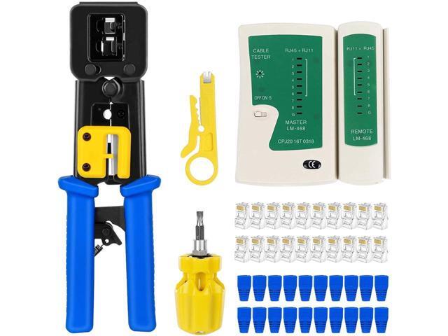 BUCIER RJ45 Crimp Tool Kit Pass Thru Cat5 Cat6 RJ45 Crimping Tool with 20PCS RJ45 Cat6 Pass Through Connectors, 20PCS Covers, 1 Network Cable...