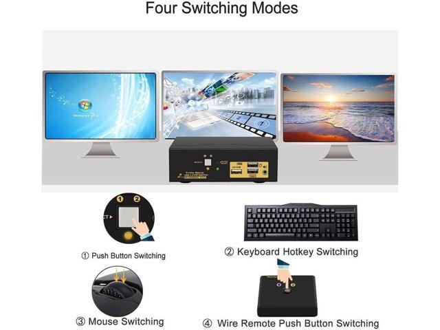 2 Port Triple Monitor KVM USB C, 3 Monitor KVM Switch USB-C with Audio, USB 2.0 Hub and Cables for 2 Computers/Macs/Mobile Phones Sharing 3...