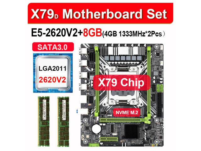X79 X79D motherboard LGA2011combos E5-2620 V2 E5 2620 V2 CPU 2pcs x 4GB = 8GB DDR3 RAM 1333Mhz PC3 8500 heat sink