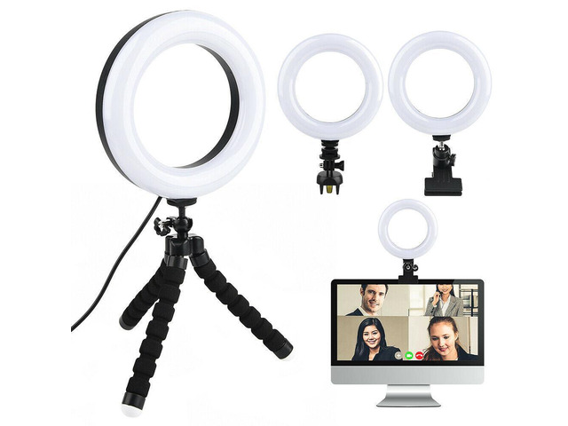 5in1 LED Ring Light Kit + Tripod Stand + Clip + Phone Clip for Laptop